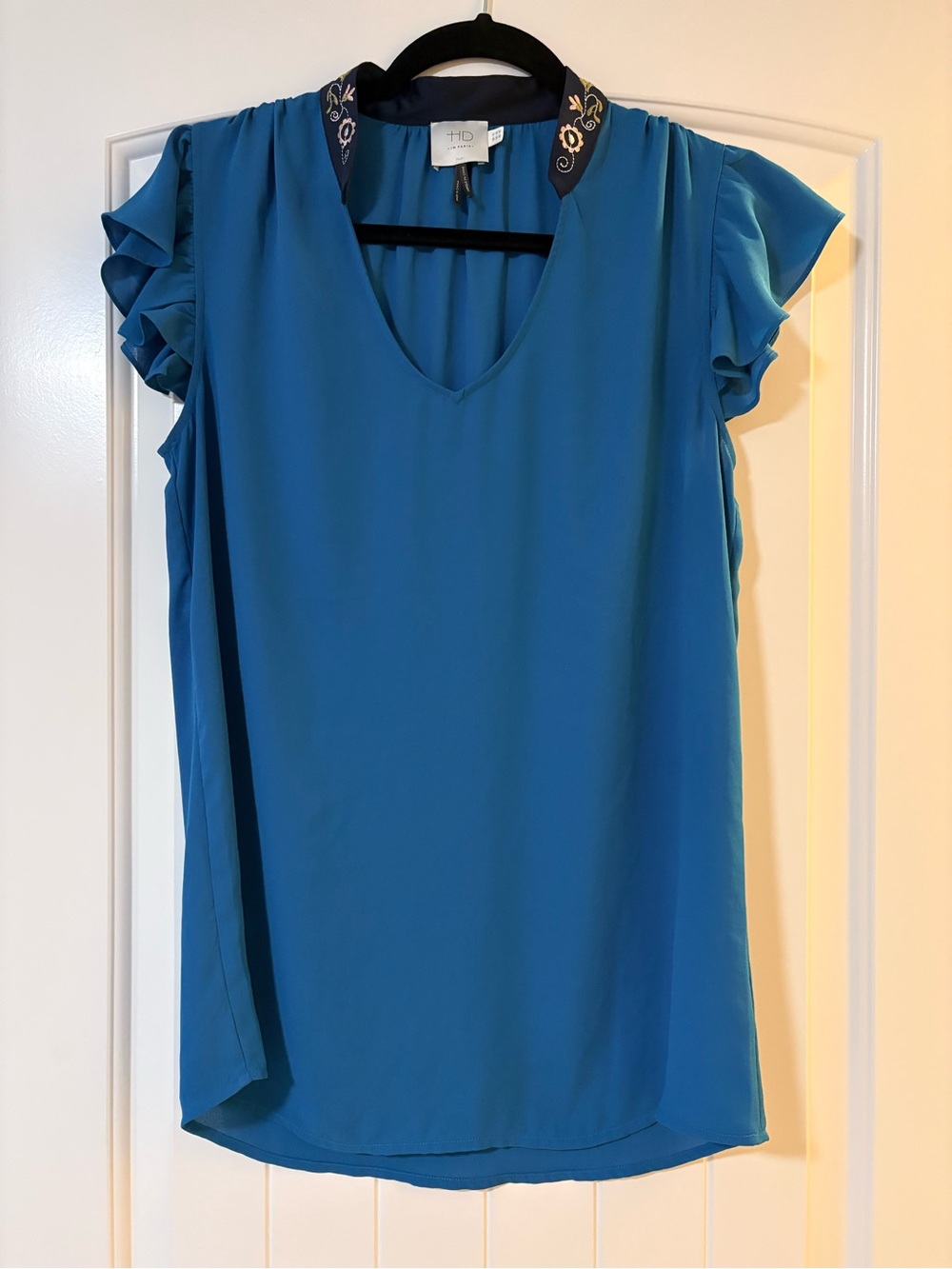 Anthropologie HD in Paris Teal Flutter Sleeve V-Neck Blouse